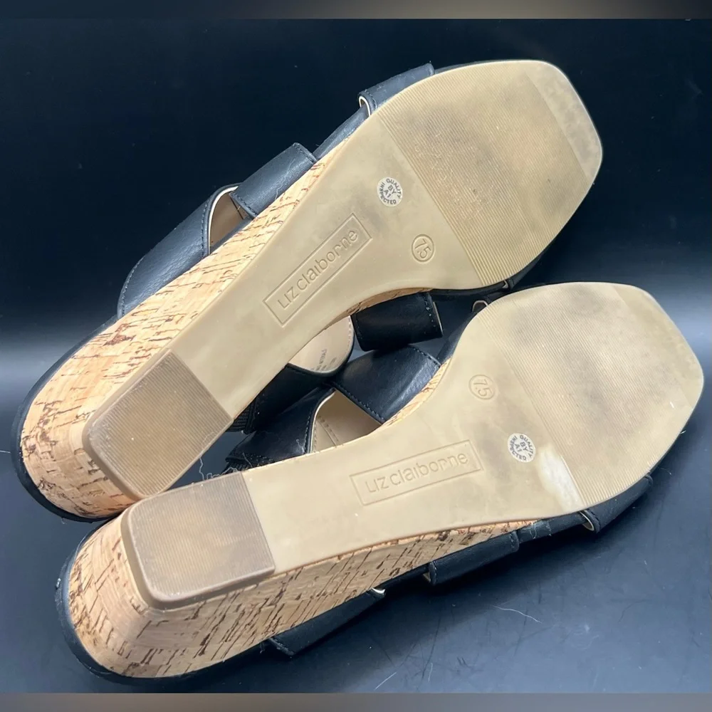 Liz Claiborne- Black‎ Leather Women's Sandals, Cork bottom wedge, Size:7-1/2